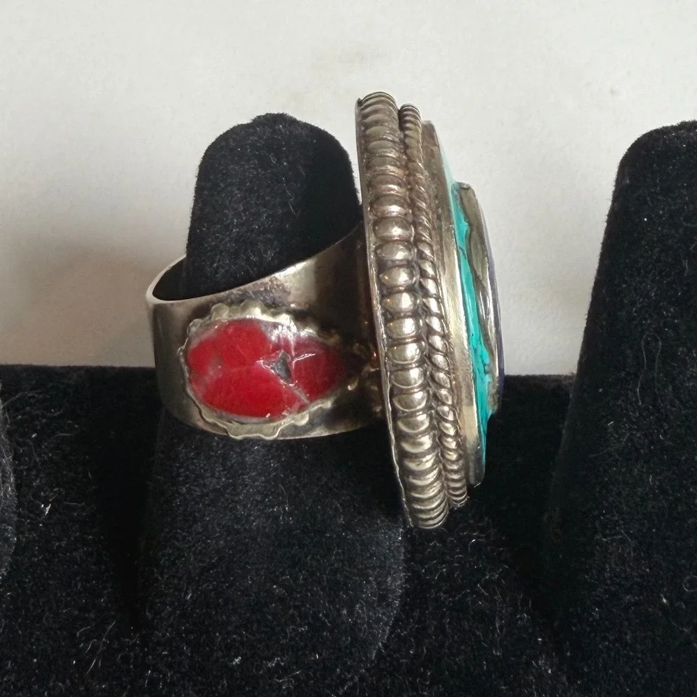 Bohemian Mosaic Turquoise Lapis Coral Statement Ring Silver Tone‎ Size 7
